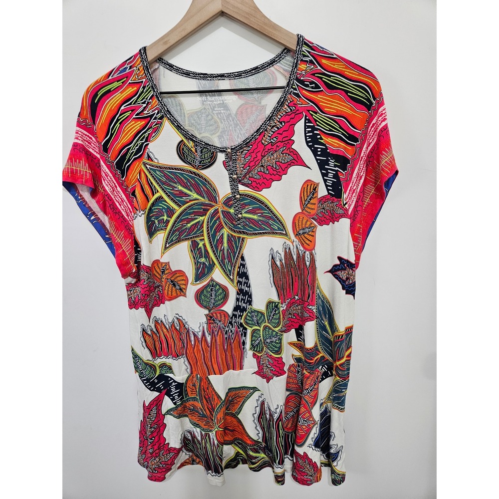 Soft Surroundings Tropical Floral Peplum Top Pink Orange Green 2EC40‎ Womens Med